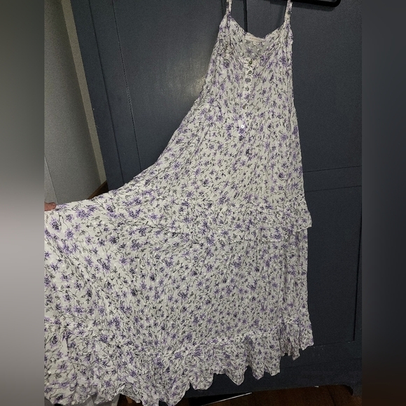 Olivaceous Dresses & Skirts - Olivaceous - Floral Tiered Lilac Print Swiss Dots Rayon Maxi Dress- Size M